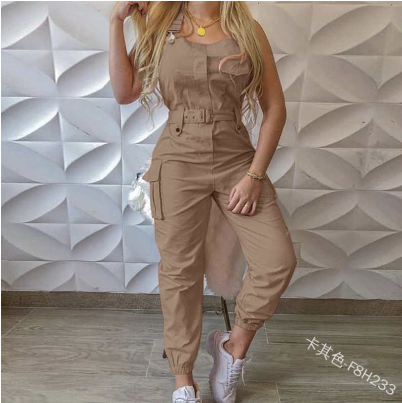 Fashionable & Hot New Women's Tube Top Single-Breasted Waist-Cinching Utility Jumpsuit with Multi-Pocket Design, Tapered Leg Women Pants,  With Adjustable Straps Design