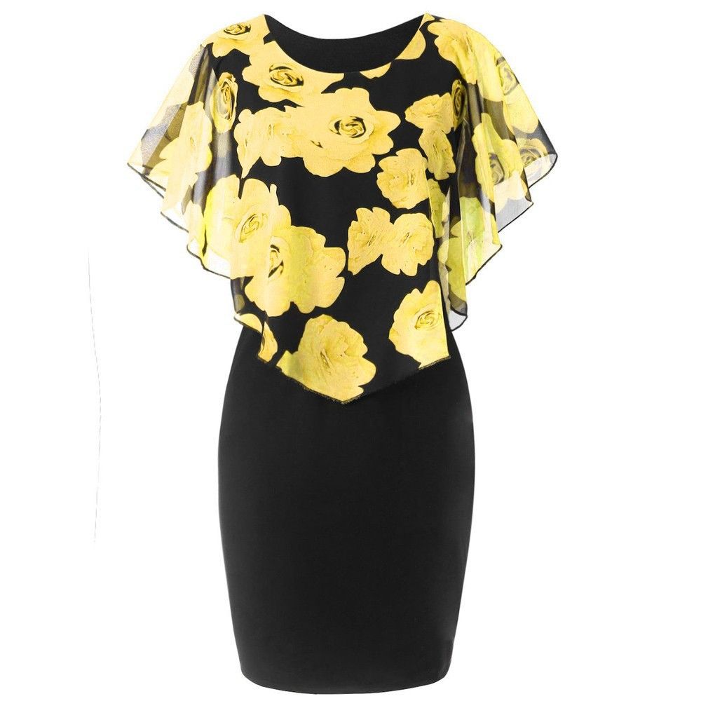 New Women's Cotton Dress,Fashionable & Elegant Rose Floral Print Cape Sleeve Fitted Mermaid Plus Size Ladies Dresses