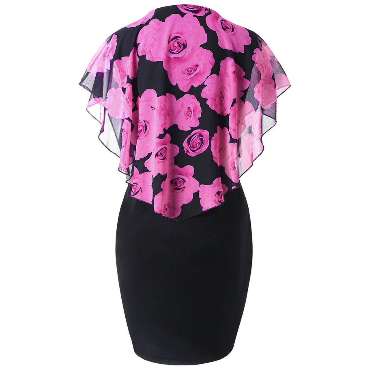 New Women's Cotton Dress,Fashionable & Elegant Rose Floral Print Cape Sleeve Fitted Mermaid Plus Size Ladies Dresses