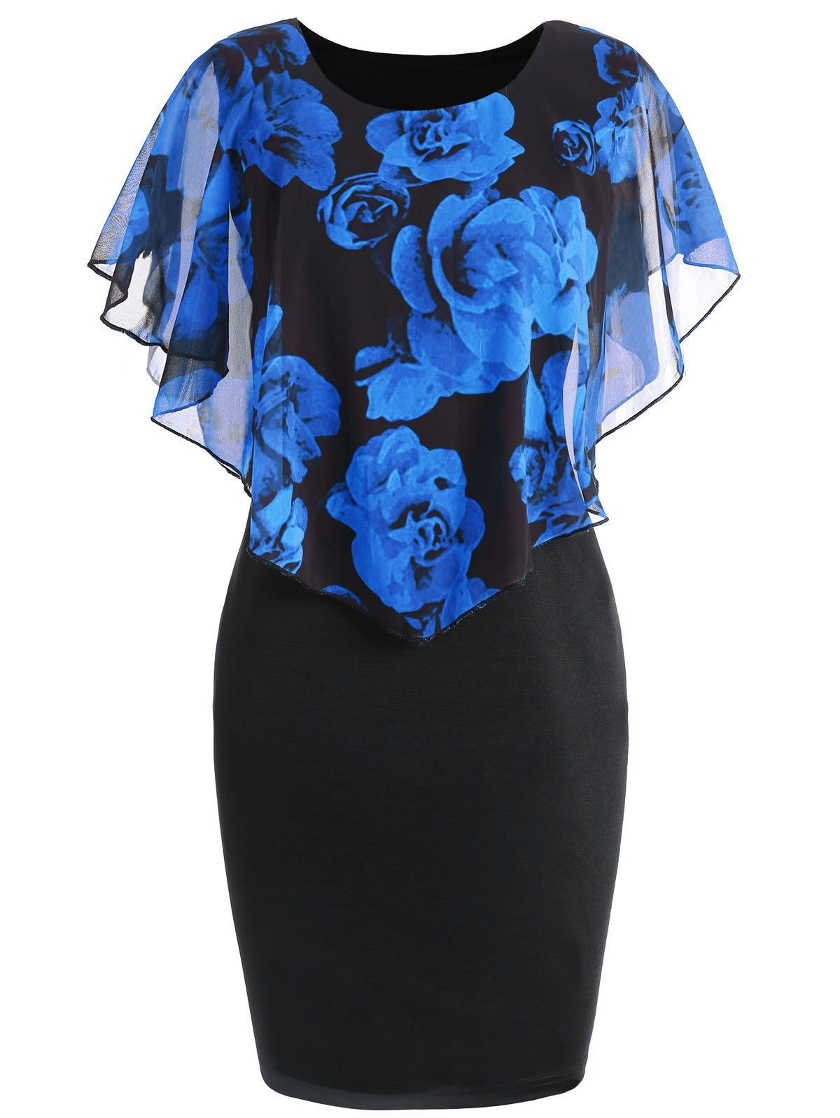 New Women's Cotton Dress,Fashionable & Elegant Rose Floral Print Cape Sleeve Fitted Mermaid Plus Size Ladies Dresses