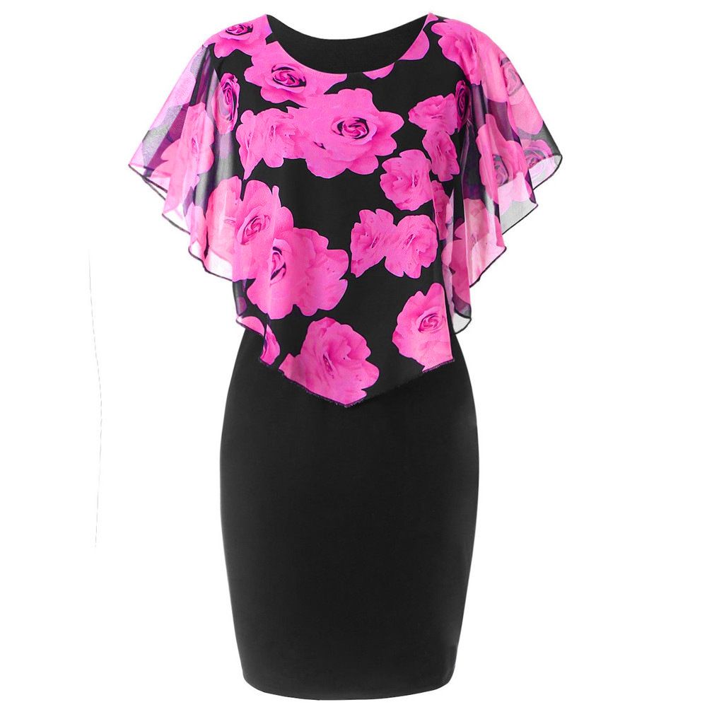 New Women's Cotton Dress,Fashionable & Elegant Rose Floral Print Cape Sleeve Fitted Mermaid Plus Size Ladies Dresses