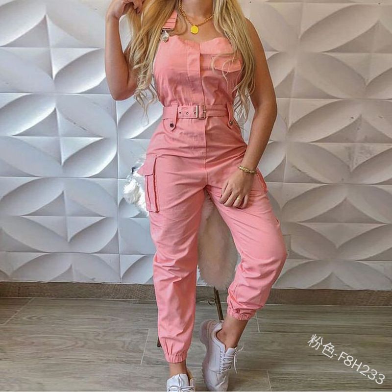 Fashionable & Hot New Women's Tube Top Single-Breasted Waist-Cinching Utility Jumpsuit with Multi-Pocket Design, Tapered Leg Women Pants,  With Adjustable Straps Design