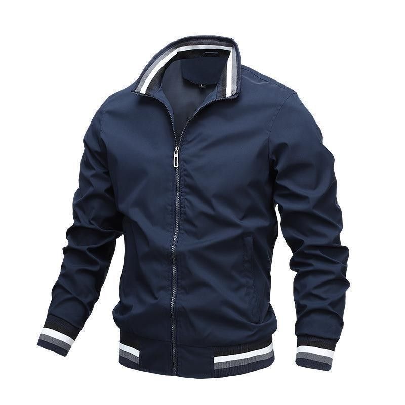 Lightweight Men's Casual Jacket - Spring & Autumn Fashion, Solid Color with Stand Collar, Zip-Up, Polyester, Versatile Outerwear with Striped Cuffs and Trim Detail