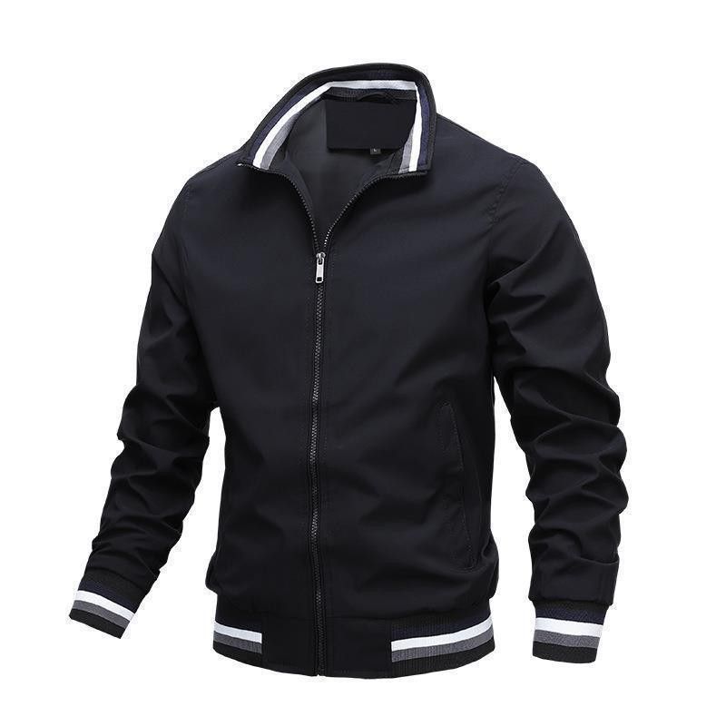 Lightweight Men's Casual Jacket - Spring & Autumn Fashion, Solid Color with Stand Collar, Zip-Up, Polyester, Versatile Outerwear with Striped Cuffs and Trim Detail