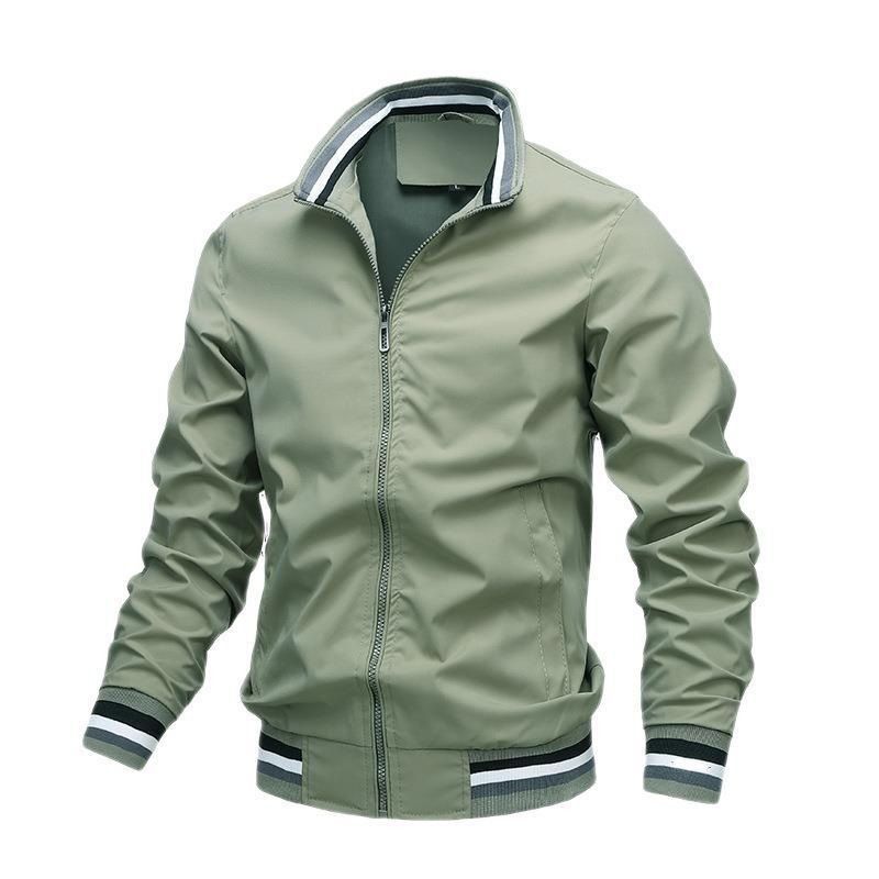 Lightweight Men's Casual Jacket - Spring & Autumn Fashion, Solid Color with Stand Collar, Zip-Up, Polyester, Versatile Outerwear with Striped Cuffs and Trim Detail