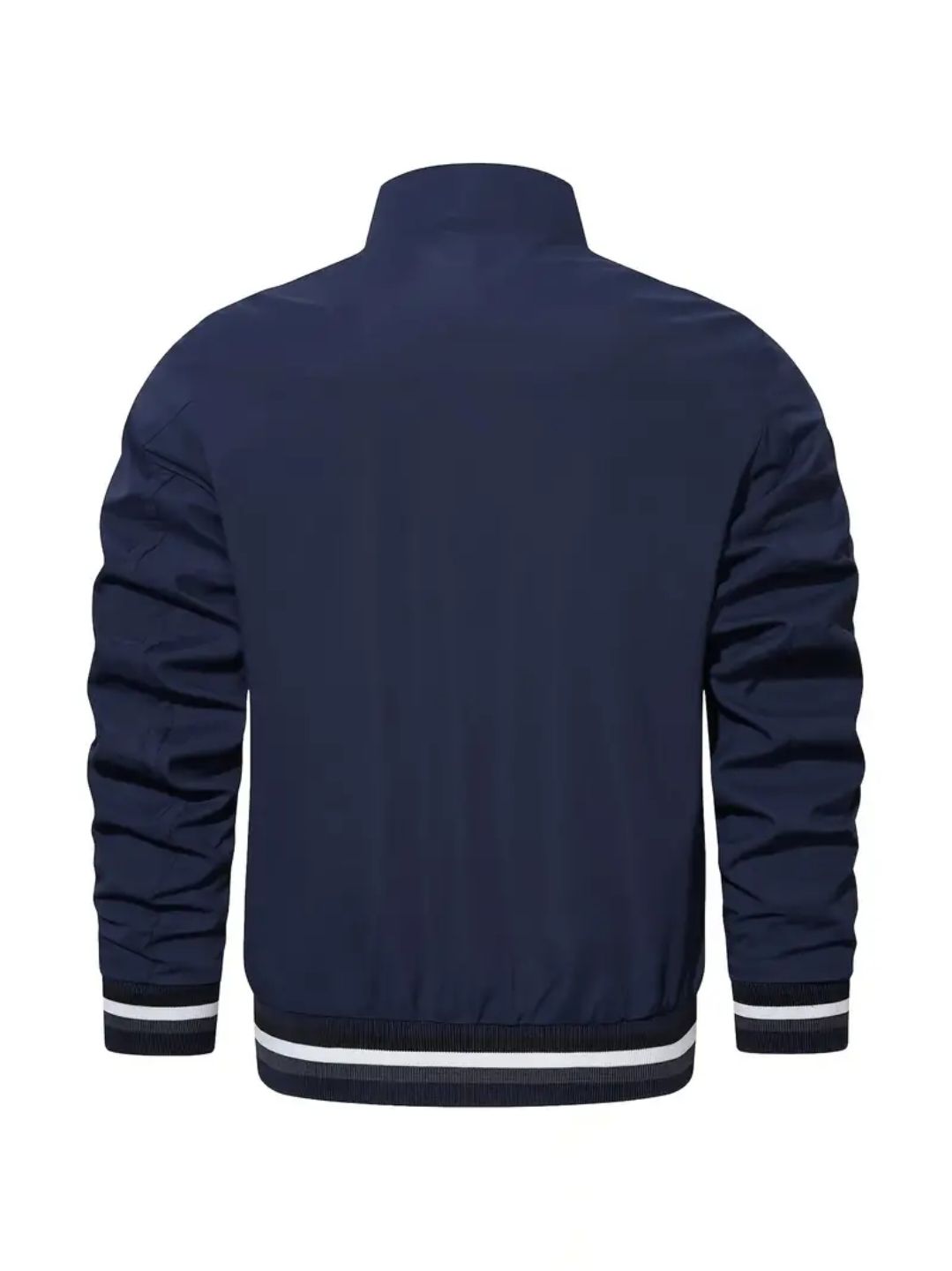 Lightweight Men's Casual Jacket - Spring & Autumn Fashion, Solid Color with Stand Collar, Zip-Up, Polyester, Versatile Outerwear with Striped Cuffs and Trim Detail