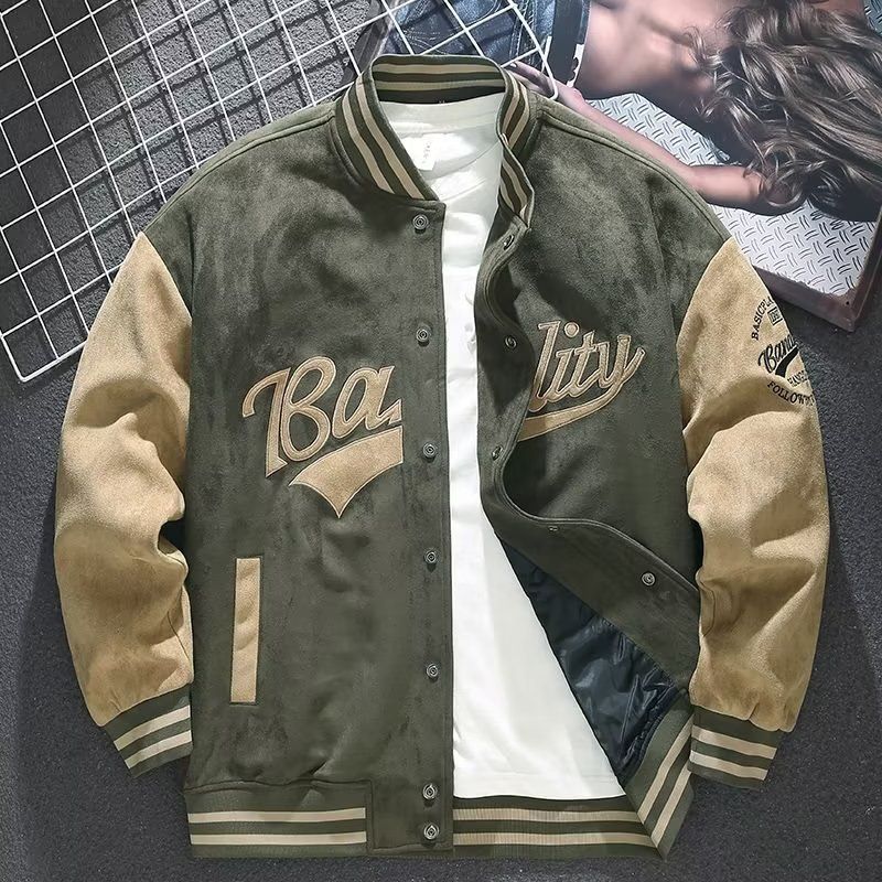 Men's Suede Vintage Baseball Jacket – Retro American Embroidered Bomber Coat, Loose-Fit Casual Outerwear for Fall/Winter & Spring Seasons