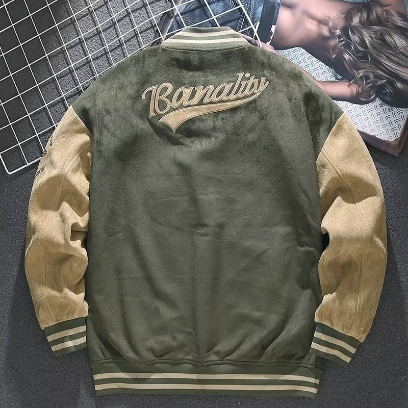 Men's Suede Vintage Baseball Jacket – Retro American Embroidered Bomber Coat, Loose-Fit Casual Outerwear for Fall/Winter & Spring Seasons