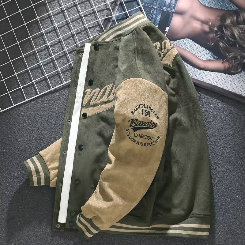 Men's Suede Vintage Baseball Jacket – Retro American Embroidered Bomber Coat, Loose-Fit Casual Outerwear for Fall/Winter & Spring Seasons