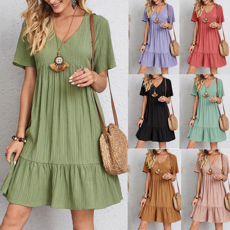 Chic Women's V-Neck Dress with Ruffle Hem - Casual Short Sleeve, Mid-Length, Stretchy Polyester Blend, Machine Washable - Perfect for Spring/Summer