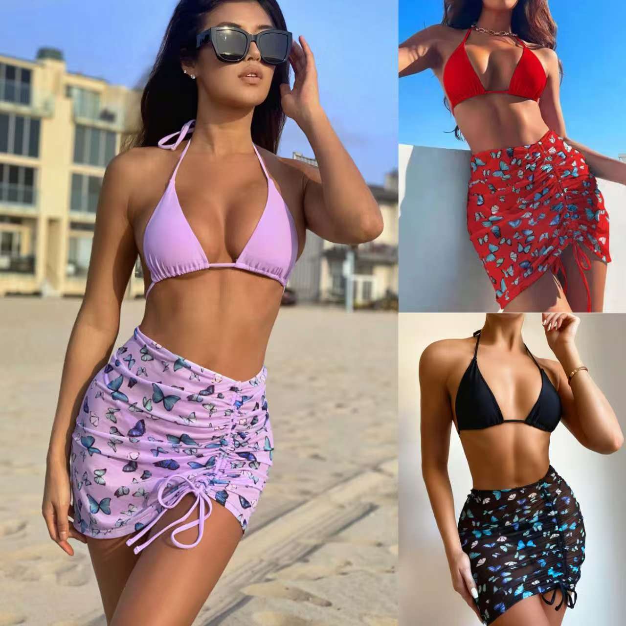 Women's 3-Piece Butterfly Print Bikini Swimsuit Set With High Stretch Polyamide Skirt - Knit Fabric Swimwear With Elastane, Comfortable Beach Outfit