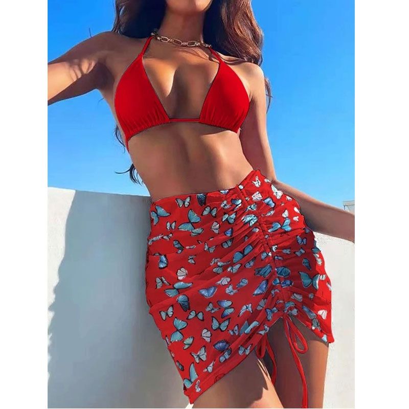Women's 3-Piece Butterfly Print Bikini Swimsuit Set With High Stretch Polyamide Skirt - Knit Fabric Swimwear With Elastane, Comfortable Beach Outfit