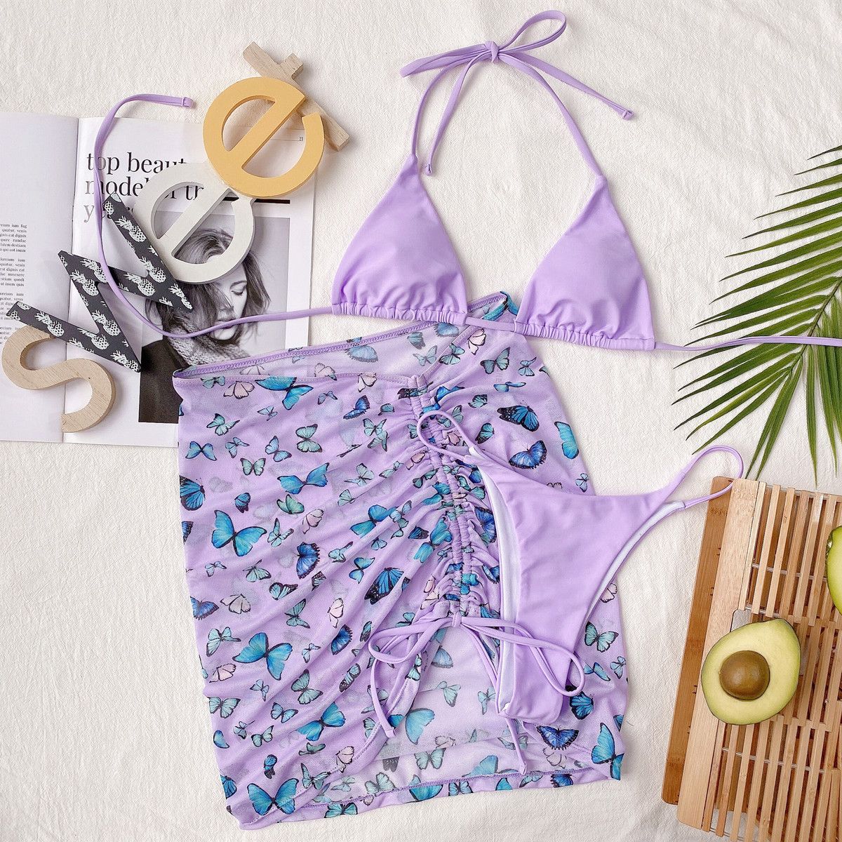 Women's 3-Piece Butterfly Print Bikini Swimsuit Set With High Stretch Polyamide Skirt - Knit Fabric Swimwear With Elastane, Comfortable Beach Outfit