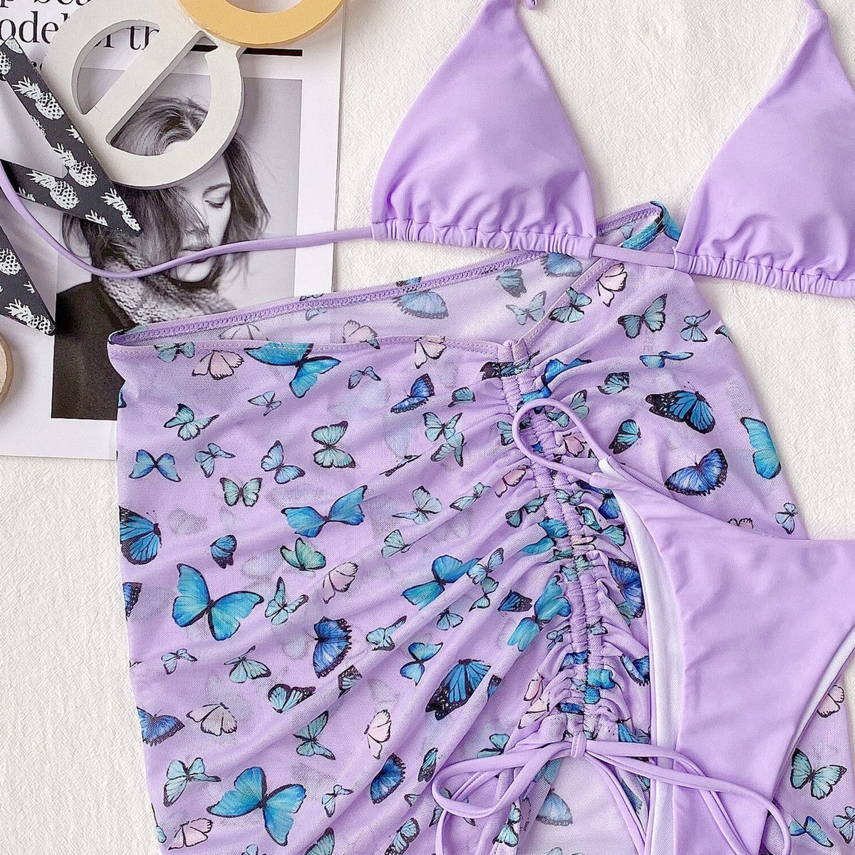 Women's 3-Piece Butterfly Print Bikini Swimsuit Set With High Stretch Polyamide Skirt - Knit Fabric Swimwear With Elastane, Comfortable Beach Outfit