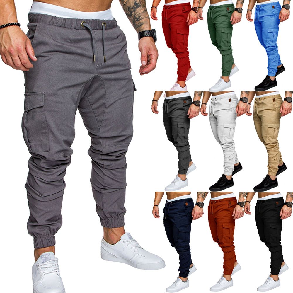 Mens Woven Cuffed Cargo Pants - Drawstring Casual Trousers with Multiple Pockets man clothes