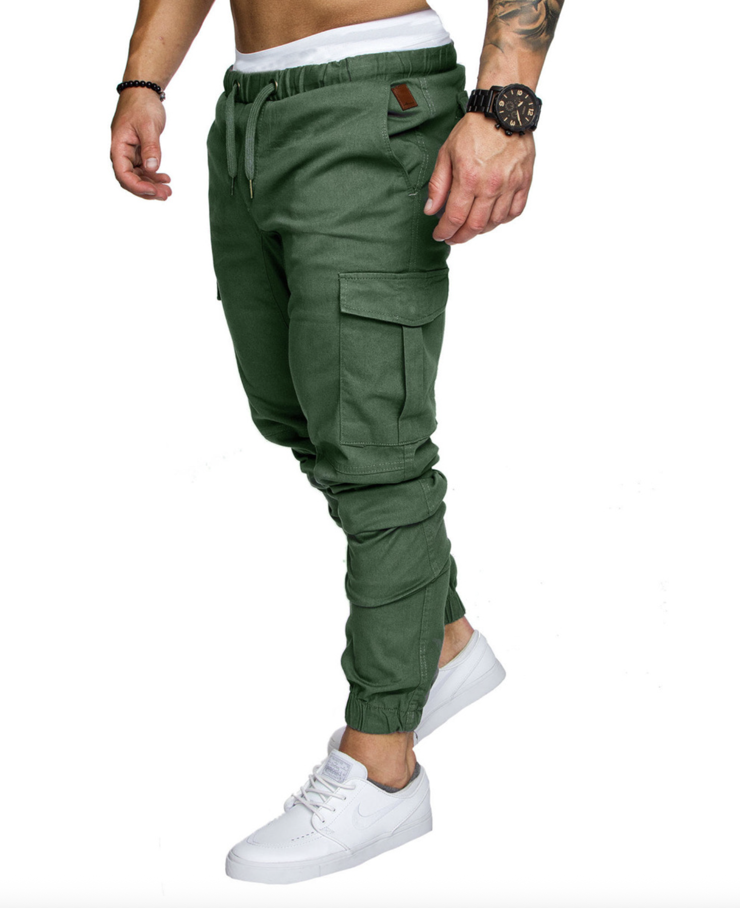 Mens Woven Cuffed Cargo Pants - Drawstring Casual Trousers with Multiple Pockets man clothes