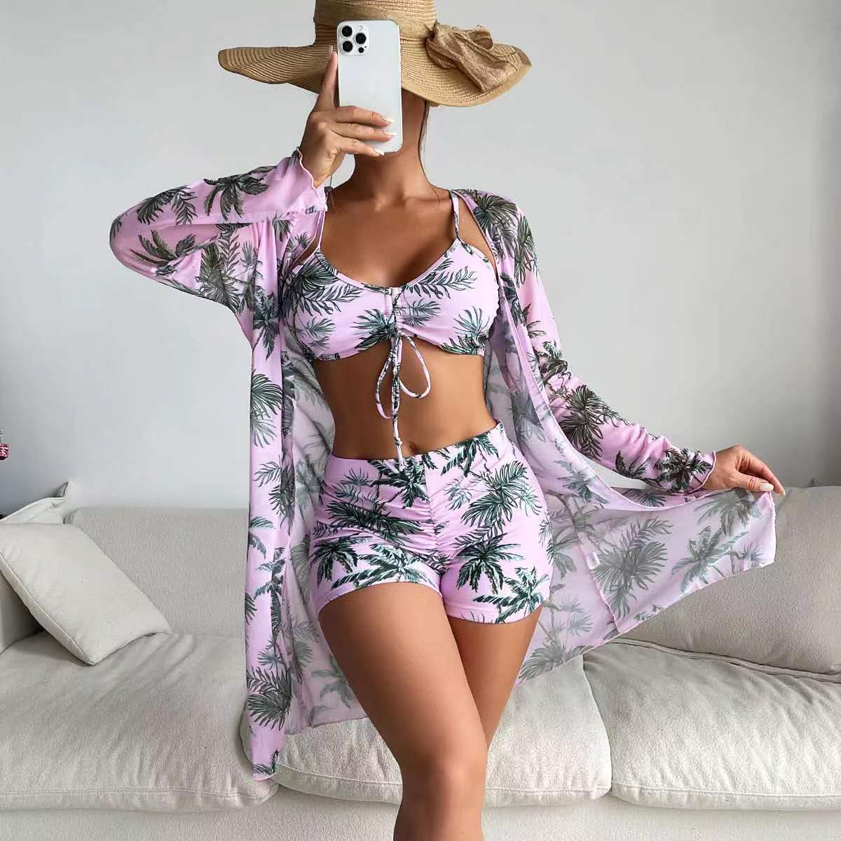 3-Piece/Set Vacation Style Loose Swimwear Cover-Up Beach Jacket Bikini Top High-Waisted Ruched Bodycon Swimsuit Outerwear Women's Open Front Printed Swimwear