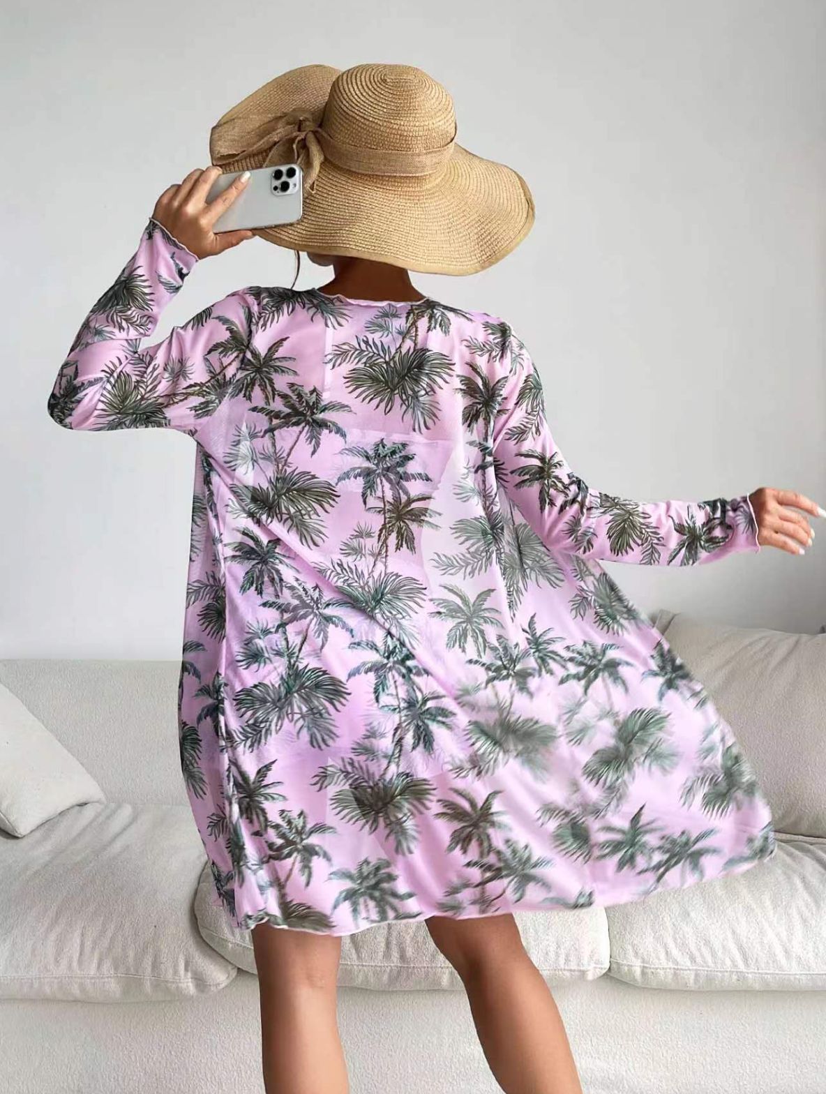 3-Piece/Set Vacation Style Loose Swimwear Cover-Up Beach Jacket Bikini Top High-Waisted Ruched Bodycon Swimsuit Outerwear Women's Open Front Printed Swimwear