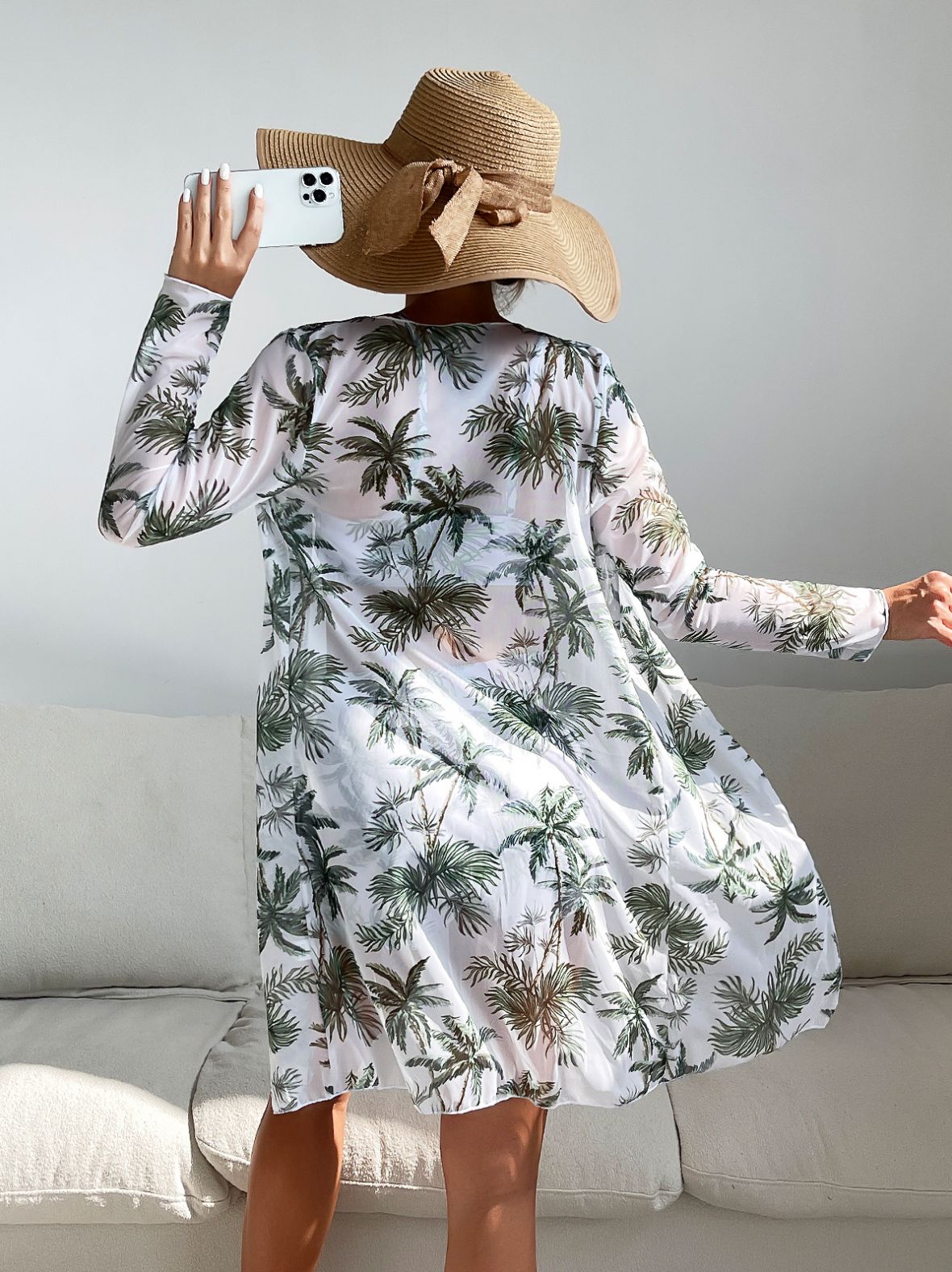 3-Piece/Set Vacation Style Loose Swimwear Cover-Up Beach Jacket Bikini Top High-Waisted Ruched Bodycon Swimsuit Outerwear Women's Open Front Printed Swimwear