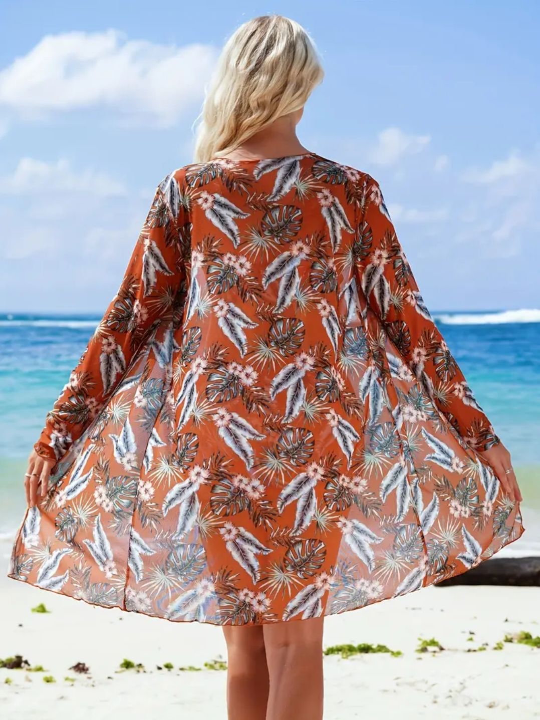 3-Piece/Set Vacation Style Loose Swimwear Cover-Up Beach Jacket Bikini Top High-Waisted Ruched Bodycon Swimsuit Outerwear Women's Open Front Printed Swimwear