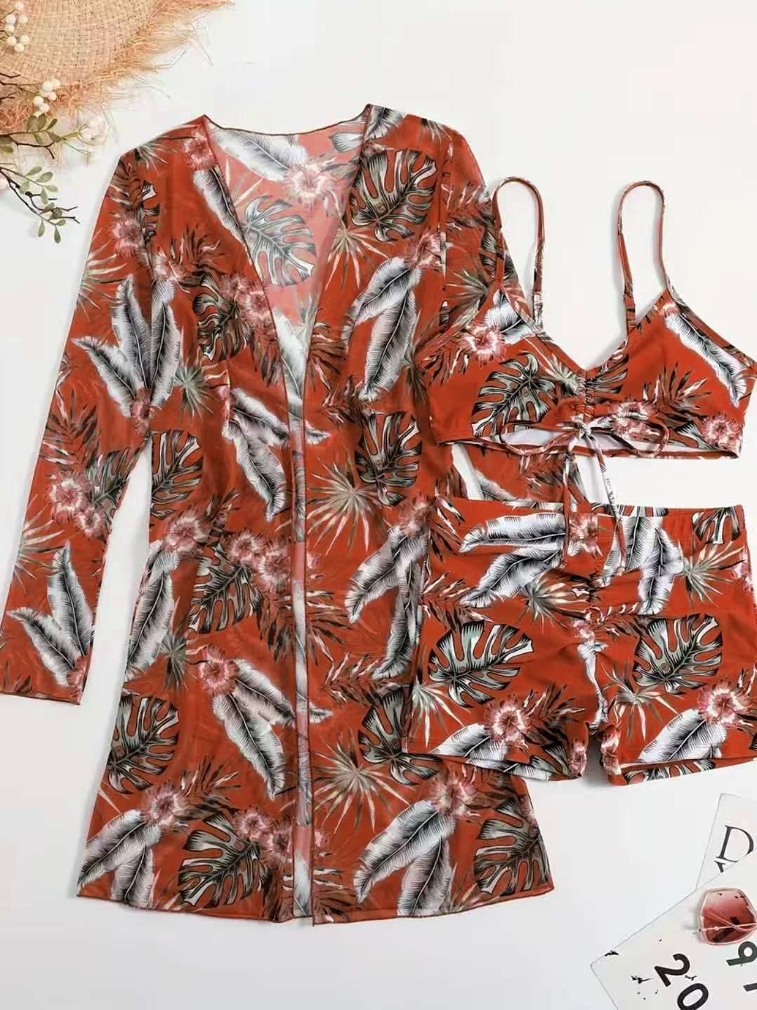 3-Piece/Set Vacation Style Loose Swimwear Cover-Up Beach Jacket Bikini Top High-Waisted Ruched Bodycon Swimsuit Outerwear Women's Open Front Printed Swimwear