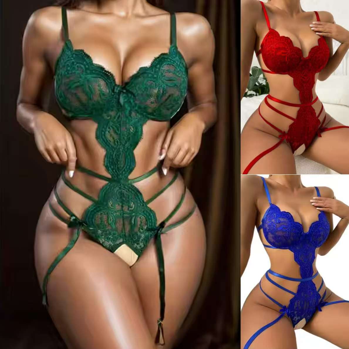 Women's Floral Lace Strappy Teddy with Deep V Strap design - Semi-Sheer Bodysuit for Lingerie and Underwear For Women