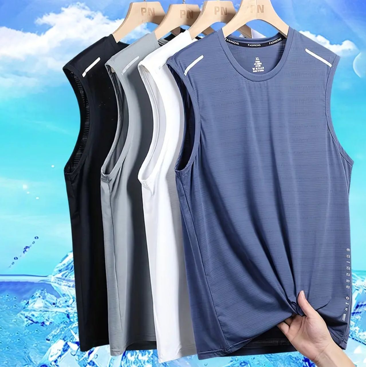Men's Ice Silk Vest Summer Sports Fitness Base Shirt Wide Shoulder Training Sleeveless T-shirt Men's Tank Top