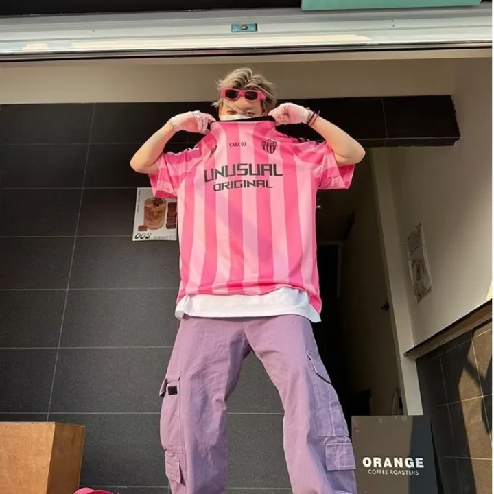 Men Women Short Sleeve Relaxed Fit Print Football Mesh Streetwear Soccer Unisex Striped Jersey T-shirt For Lover And Bestie