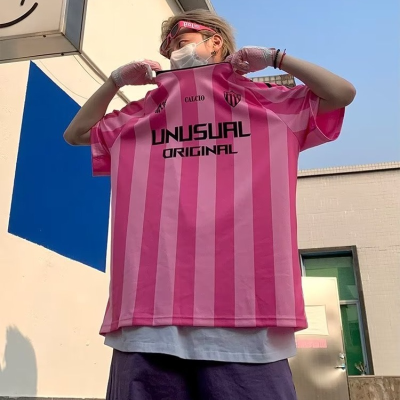 Men Women Short Sleeve Relaxed Fit Print Football Mesh Streetwear Soccer Unisex Striped Jersey T-shirt For Lover And Bestie
