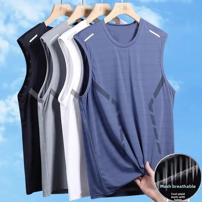 Men's Ice Silk Vest Summer Sports Fitness Base Shirt Wide Shoulder Training Sleeveless T-shirt Men's Tank Top