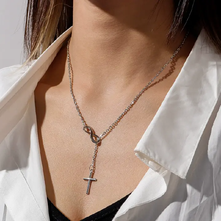 Lovely Chic Infinity Crosses On A Long Silver Chain Necklaces For Women Jewelry Gift