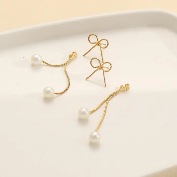 Simple Bow Stud Earrings Niche Retro Pearl Pendant Long Tassel One Two-Wear Earrings