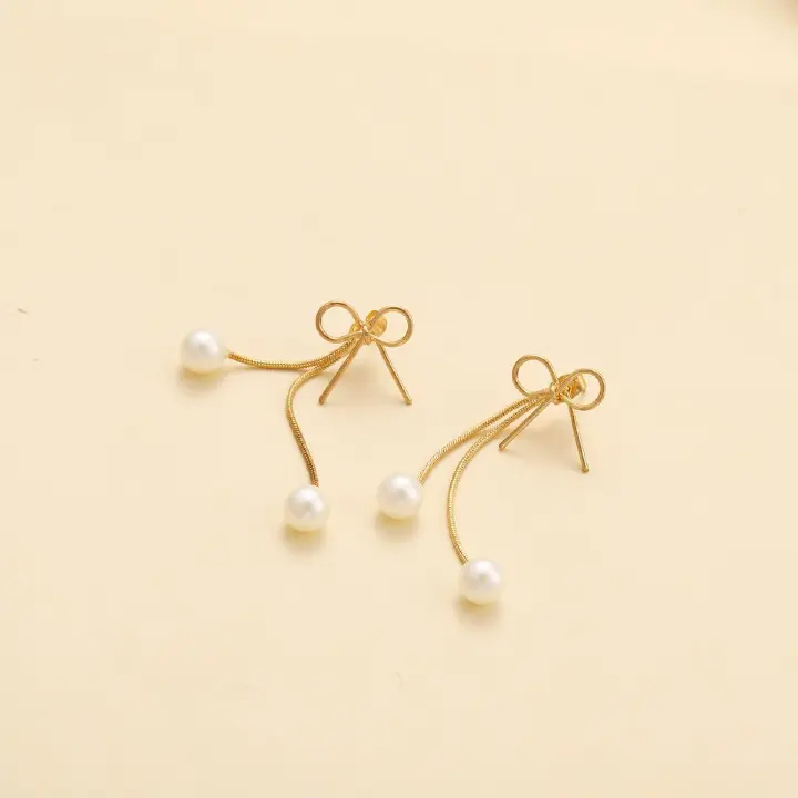 Simple Bow Stud Earrings Niche Retro Pearl Pendant Long Tassel One Two-Wear Earrings
