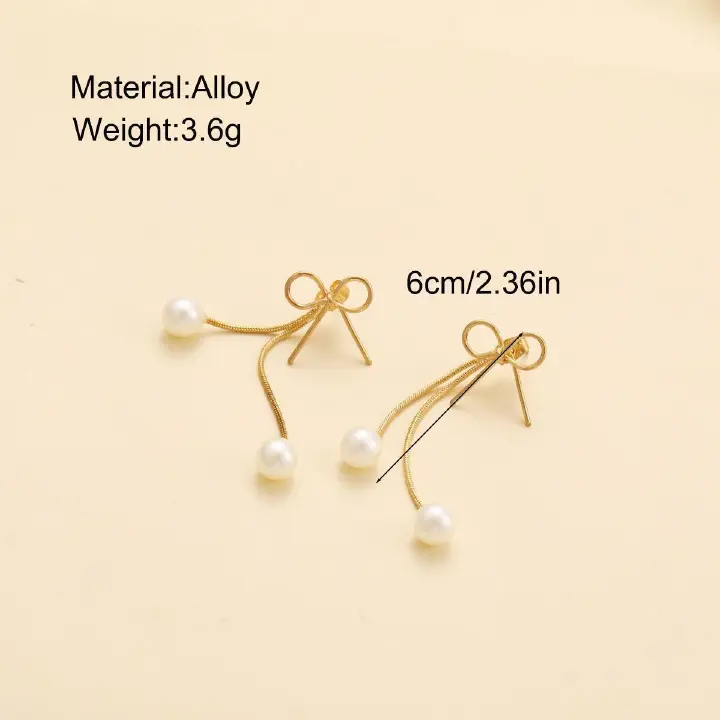 Simple Bow Stud Earrings Niche Retro Pearl Pendant Long Tassel One Two-Wear Earrings