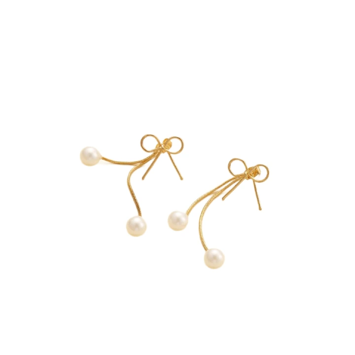 Simple Bow Stud Earrings Niche Retro Pearl Pendant Long Tassel One Two-Wear Earrings