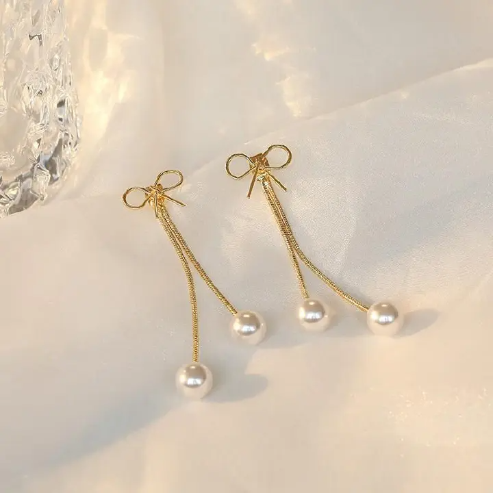 Simple Bow Stud Earrings Niche Retro Pearl Pendant Long Tassel One Two-Wear Earrings