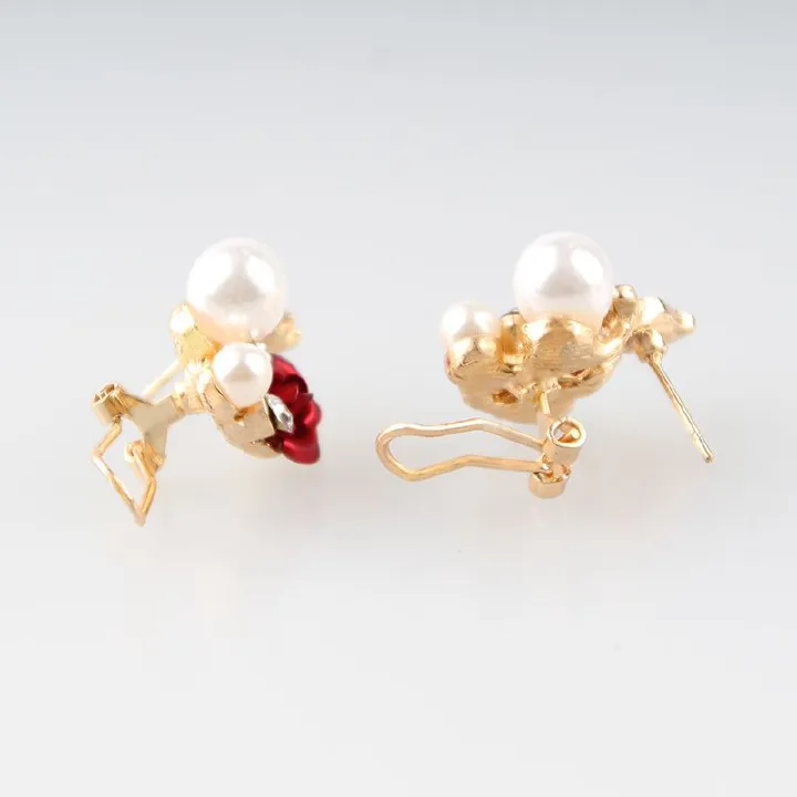 Red Rose Butterfly Pearl Gold Color Brincos Stud Earrings Women Ladies Gift