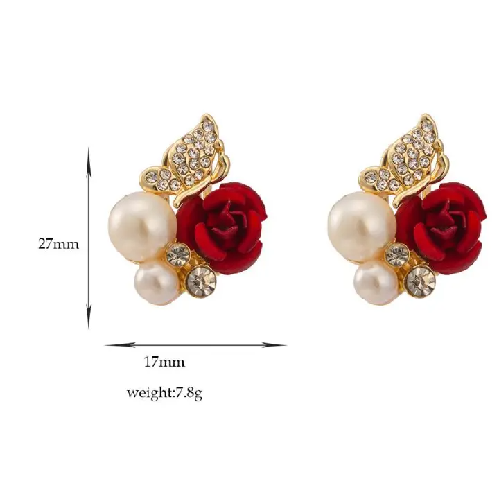 Red Rose Butterfly Pearl Gold Color Brincos Stud Earrings Women Ladies Gift