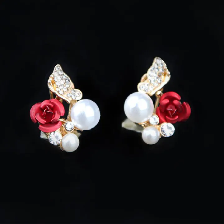 Red Rose Butterfly Pearl Gold Color Brincos Stud Earrings Women Ladies Gift