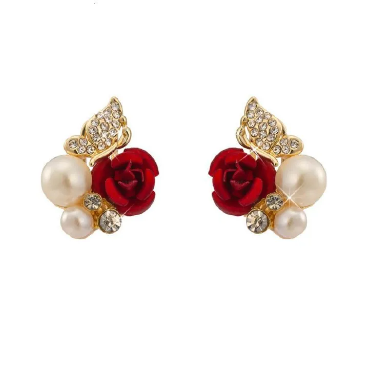 Red Rose Butterfly Pearl Gold Color Brincos Stud Earrings Women Ladies Gift