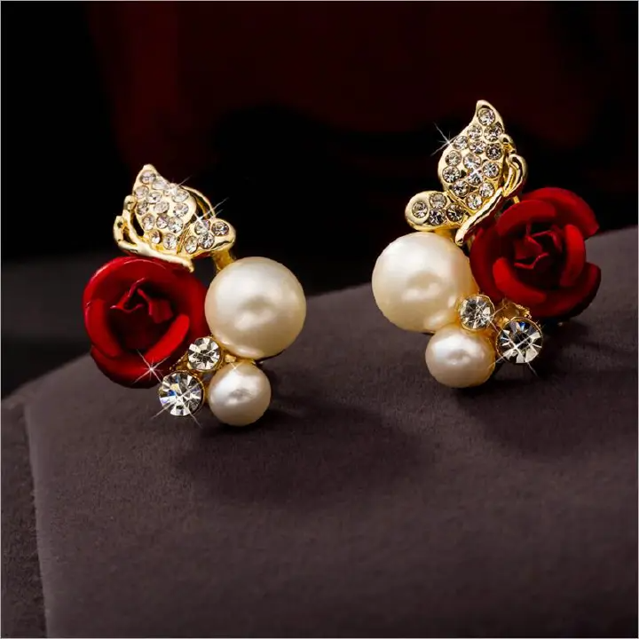 Red Rose Butterfly Pearl Gold Color Brincos Stud Earrings Women Ladies Gift