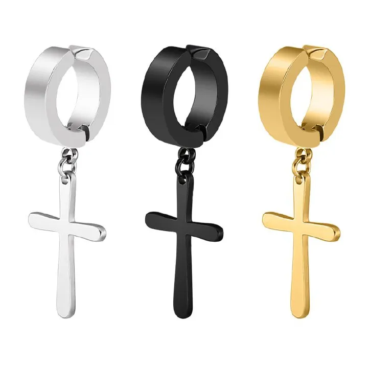 Stainless steel non-pierced cross flat stud earrings fake earrings personality ear buckle men
