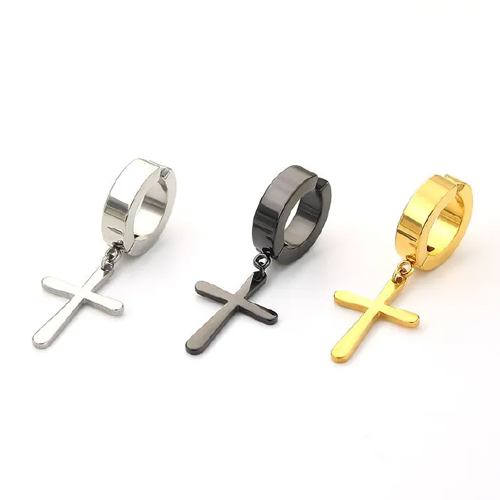 Stainless steel non-pierced cross flat stud earrings fake earrings personality ear buckle men