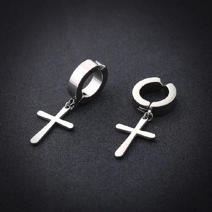 Stainless steel non-pierced cross flat stud earrings fake earrings personality ear buckle men