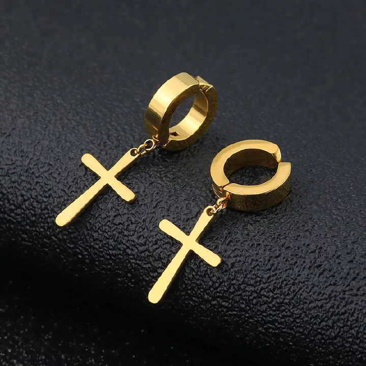Stainless steel non-pierced cross flat stud earrings fake earrings personality ear buckle men