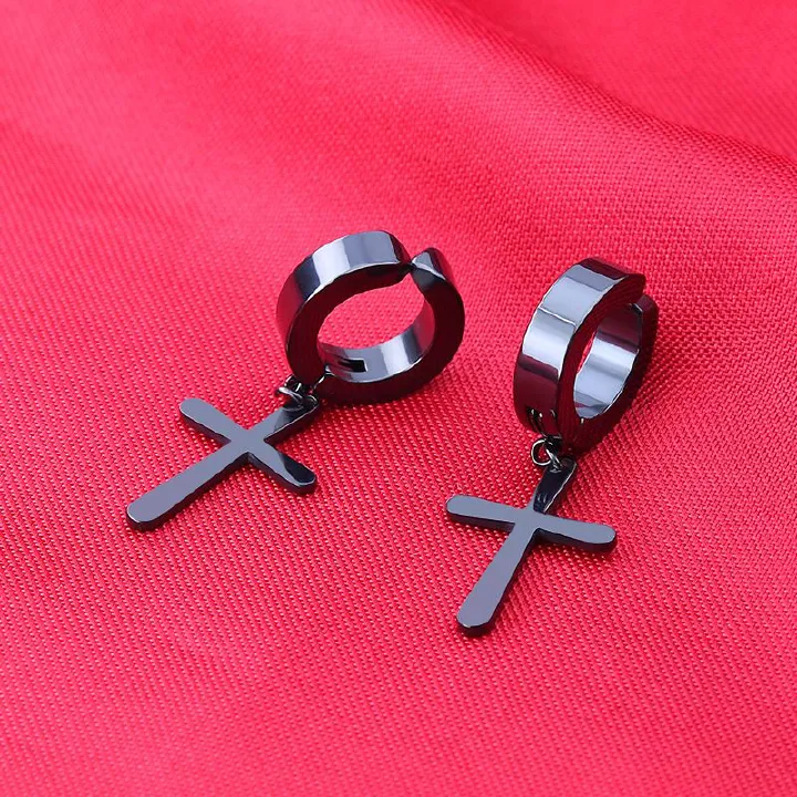 Stainless steel non-pierced cross flat stud earrings fake earrings personality ear buckle men