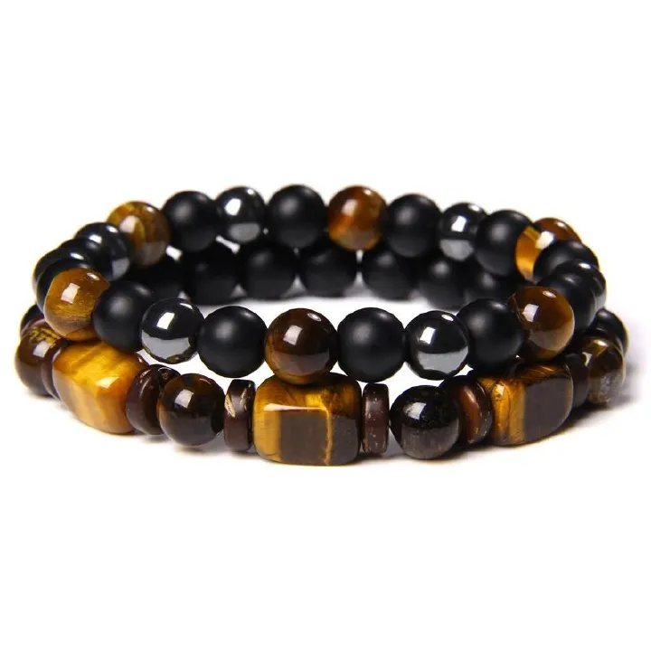 2pcs/set Beaded Bracelet Natural Stone Tiger Eye Hematite Beads Bracelet Men Energy Elastic Rope Bracelet Jewelry Couples Gifts