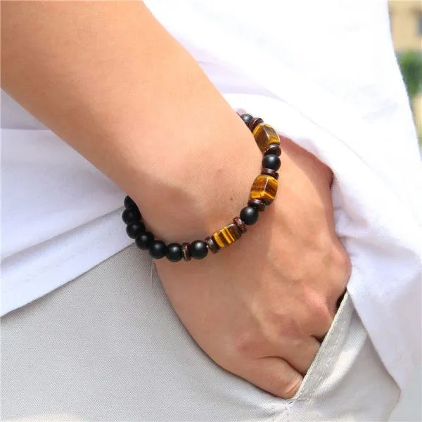 2pcs/set Beaded Bracelet Natural Stone Tiger Eye Hematite Beads Bracelet Men Energy Elastic Rope Bracelet Jewelry Couples Gifts