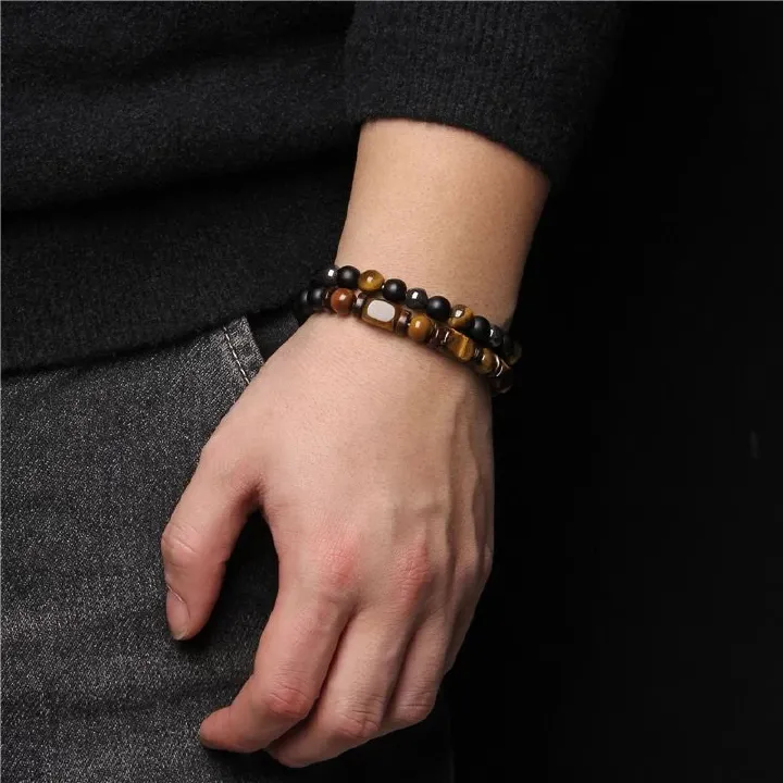 2pcs/set Beaded Bracelet Natural Stone Tiger Eye Hematite Beads Bracelet Men Energy Elastic Rope Bracelet Jewelry Couples Gifts
