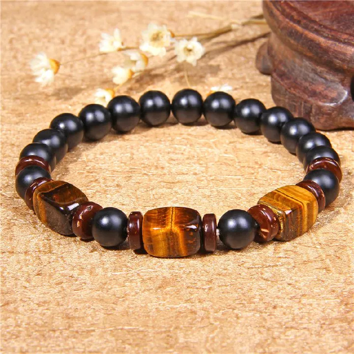 2pcs/set Beaded Bracelet Natural Stone Tiger Eye Hematite Beads Bracelet Men Energy Elastic Rope Bracelet Jewelry Couples Gifts